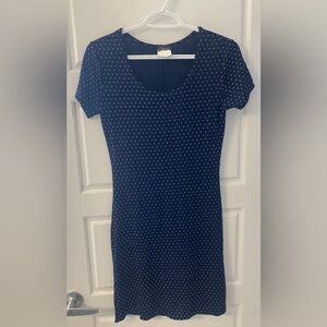 Vintage 80s Navy Blue dress with white polka dots spandex classic Grannycore